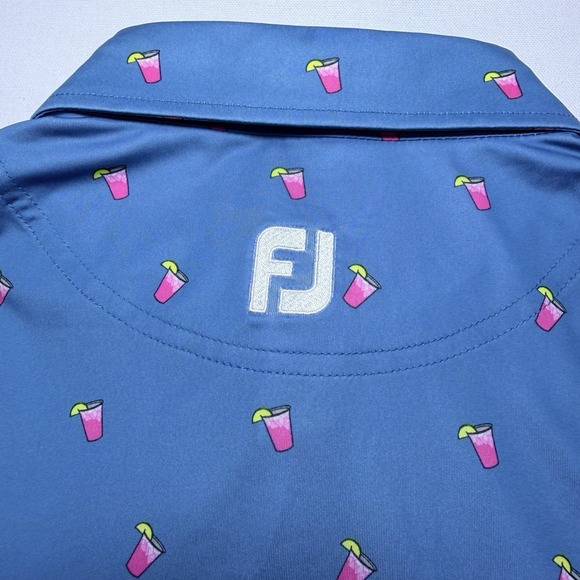 Footjoy Polo Medium Cocktail Drinks AOP Blue Lisle Performance Golf Men Shirt - Picture 9 of 10